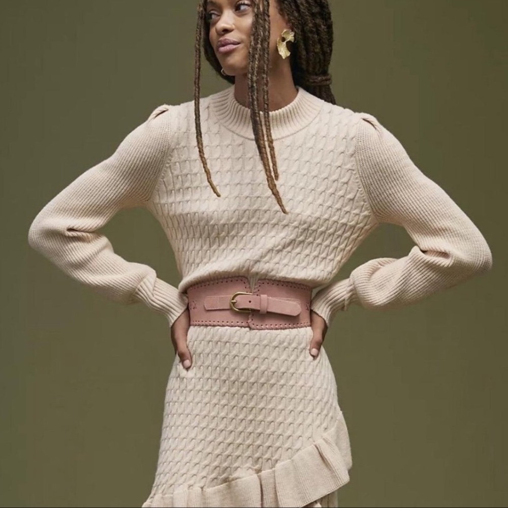 Anthropologie Flat White Women's‎ Knit Sweater Dress Long Sleeve Ruffle Hem M E1